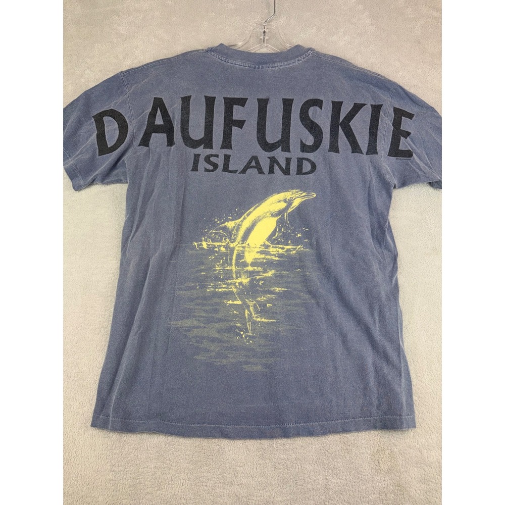 Vintage Anvil Daufuskie Island Dolphin T-Shirt Blue Pigment Dyed‎ Mens Large USA